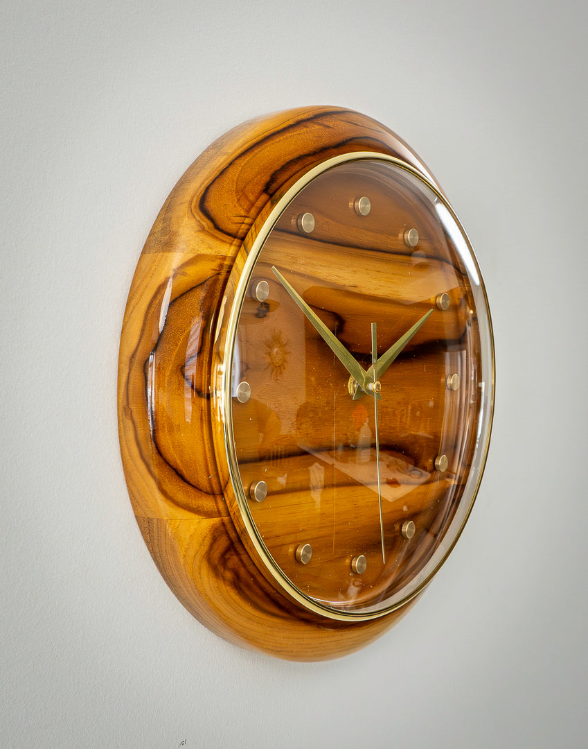 11" Solid Teak Wall Clock – Brass Accents & High-Gloss Marine Finish