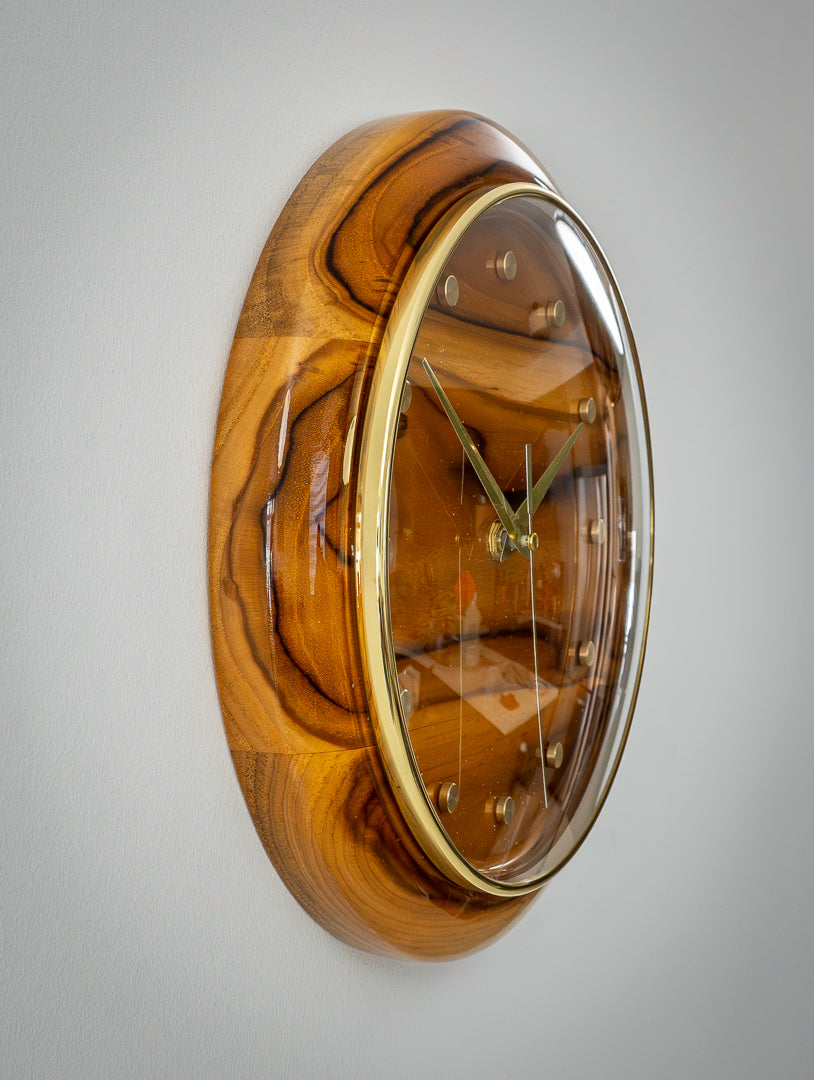 11" Solid Teak Wall Clock – Brass Accents & High-Gloss Marine Finish