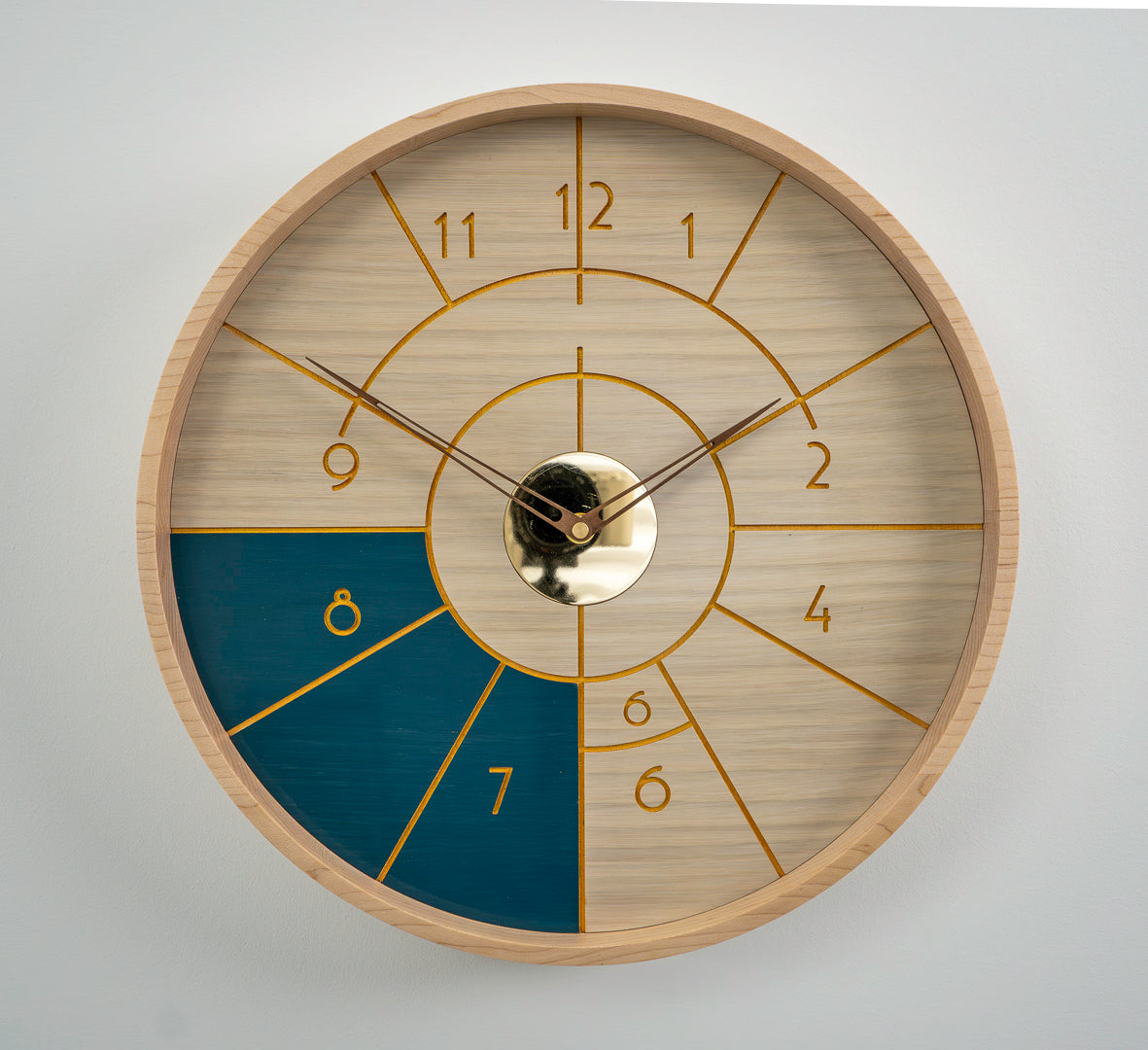 15" Art Deco Wall Clock – White & Blue Stained Oak with Brass & Gold Accents