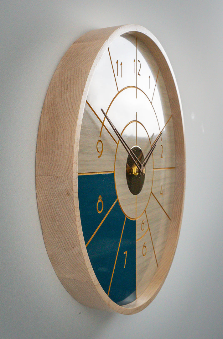 15" Art Deco Wall Clock – White & Blue Stained Oak with Brass & Gold Accents