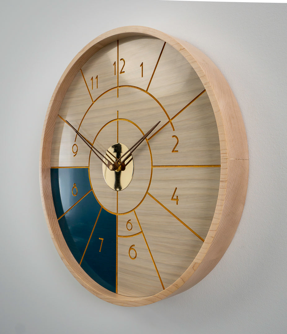 15" Art Deco Wall Clock – White & Blue Stained Oak with Brass & Gold Accents