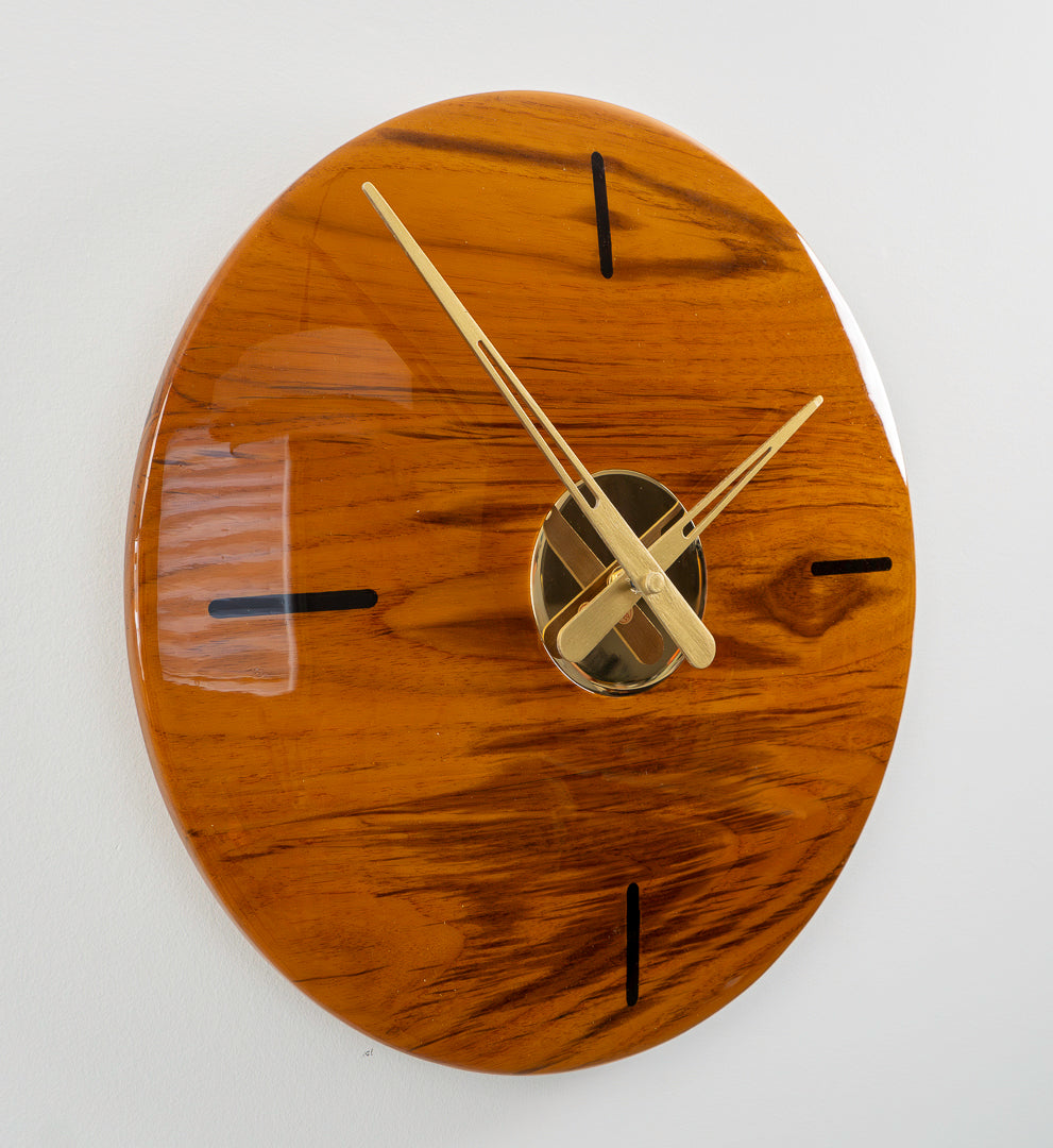 16" Solid Teak Wall Clock with Walnut Hour Inlays & Polished Brass Center – High Gloss Finish
