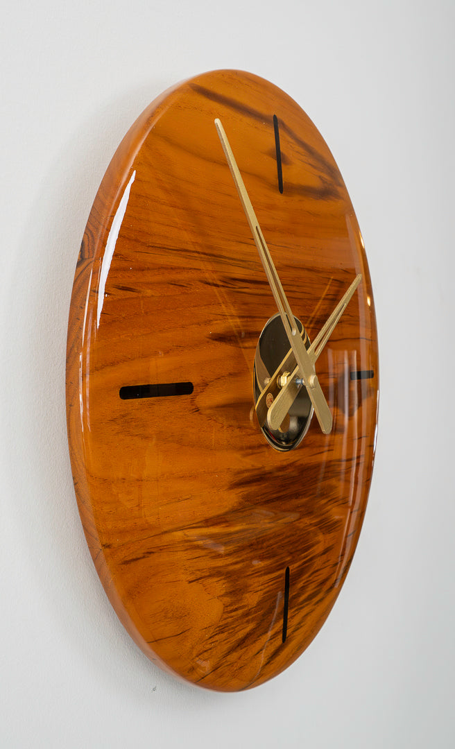 16" Solid Teak Wall Clock with Walnut Hour Inlays & Polished Brass Center – High Gloss Finish