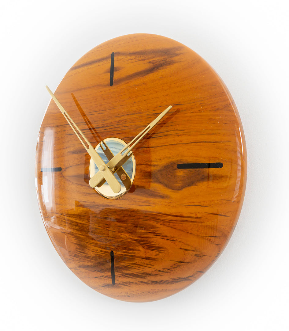 16" Solid Teak Wall Clock with Walnut Hour Inlays & Polished Brass Center – High Gloss Finish