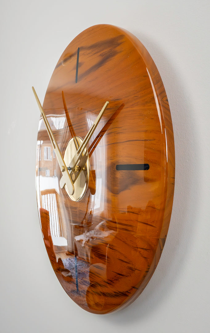 16" Solid Teak Wall Clock with Walnut Hour Inlays & Polished Brass Center – High Gloss Finish