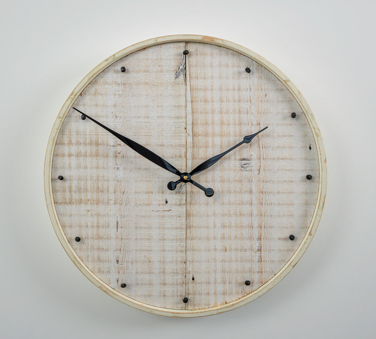 18" Reclaimed White Barnboard Wall Clock with Distressed Maple Frame & Antique Nail Hour Markers