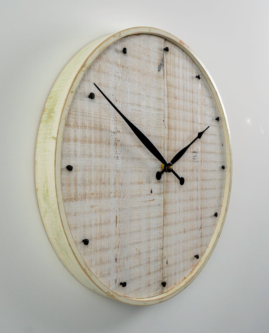 18" Reclaimed White Barnboard Wall Clock with Distressed Maple Frame & Antique Nail Hour Markers
