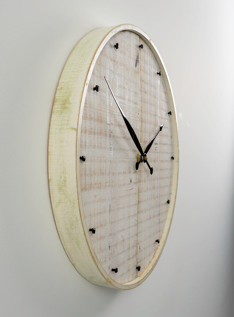 18" Reclaimed White Barnboard Wall Clock with Distressed Maple Frame & Antique Nail Hour Markers