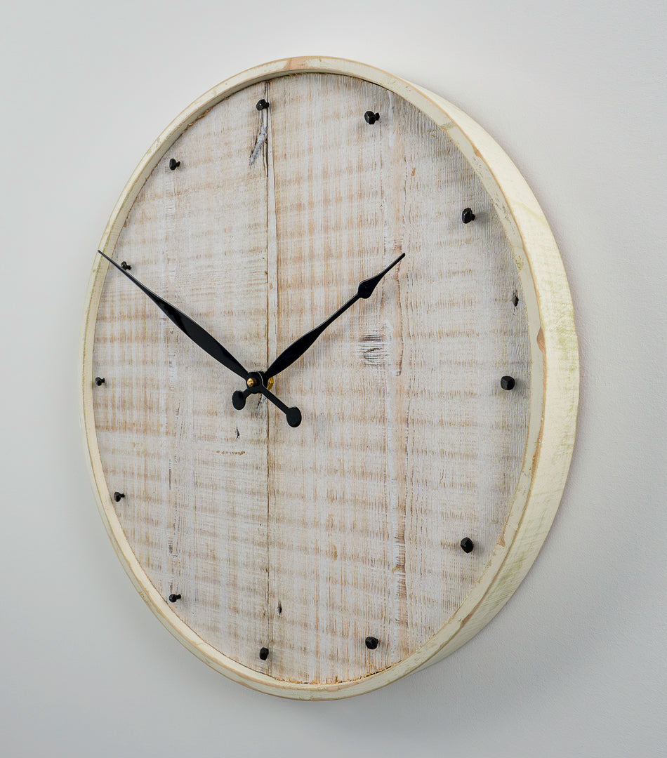 18" Reclaimed White Barnboard Wall Clock with Distressed Maple Frame & Antique Nail Hour Markers