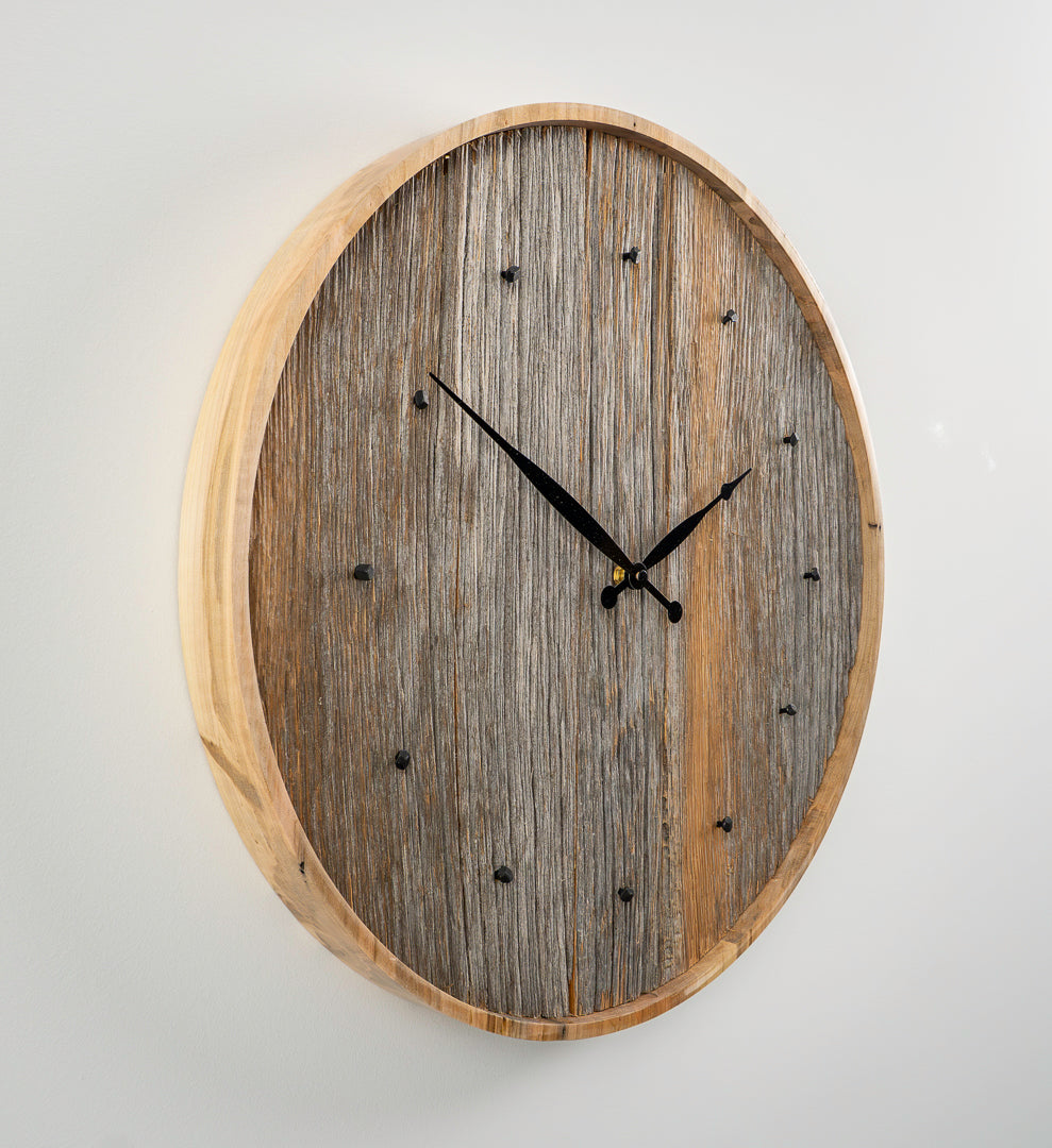 20" Weathered Grey & Brown Barnboard Wall Clock with Raw Maple Frame & Antique Nail Hour Markers – One of a Kind