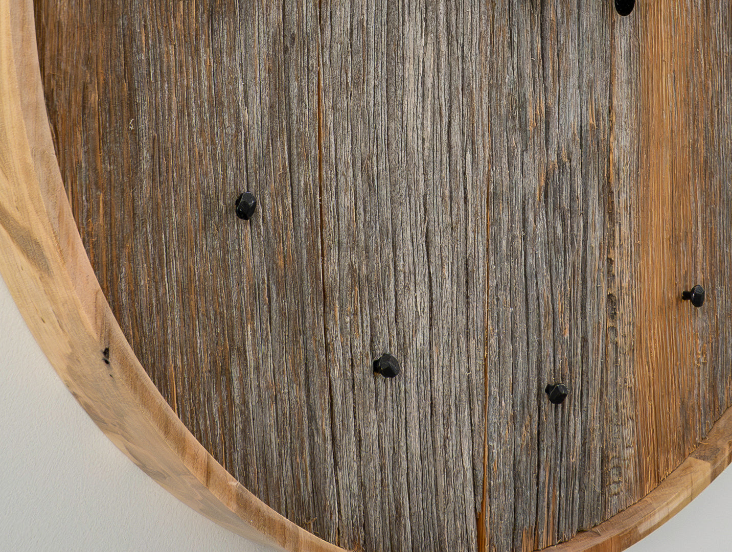 20" Weathered Grey & Brown Barnboard Wall Clock with Raw Maple Frame & Antique Nail Hour Markers – One of a Kind