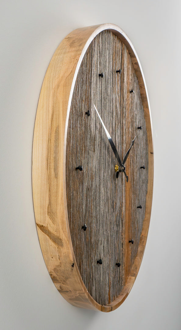 20" Weathered Grey & Brown Barnboard Wall Clock with Raw Maple Frame & Antique Nail Hour Markers – One of a Kind