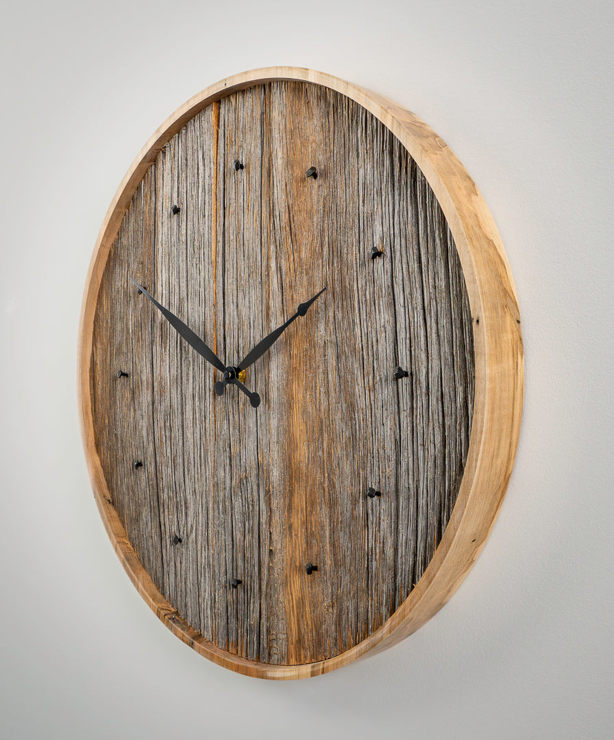 20" Weathered Grey & Brown Barnboard Wall Clock with Raw Maple Frame & Antique Nail Hour Markers – One of a Kind