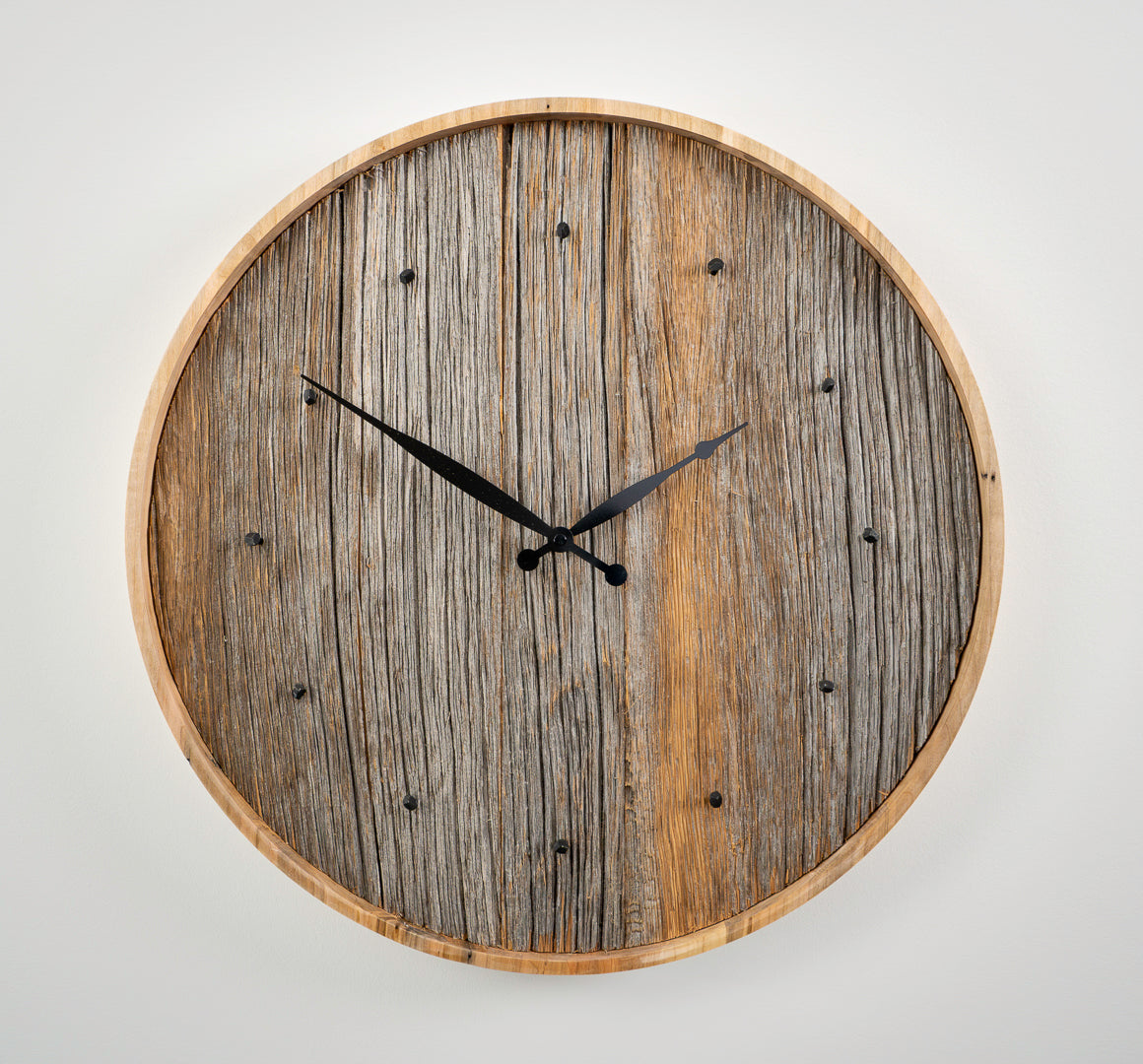 20" Weathered Grey & Brown Barnboard Wall Clock with Raw Maple Frame & Antique Nail Hour Markers – One of a Kind