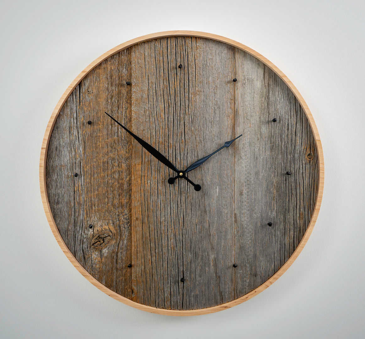 24" Reclaimed Barnboard Wall Clock with Maple Frame – Rustic Minimalist Design
