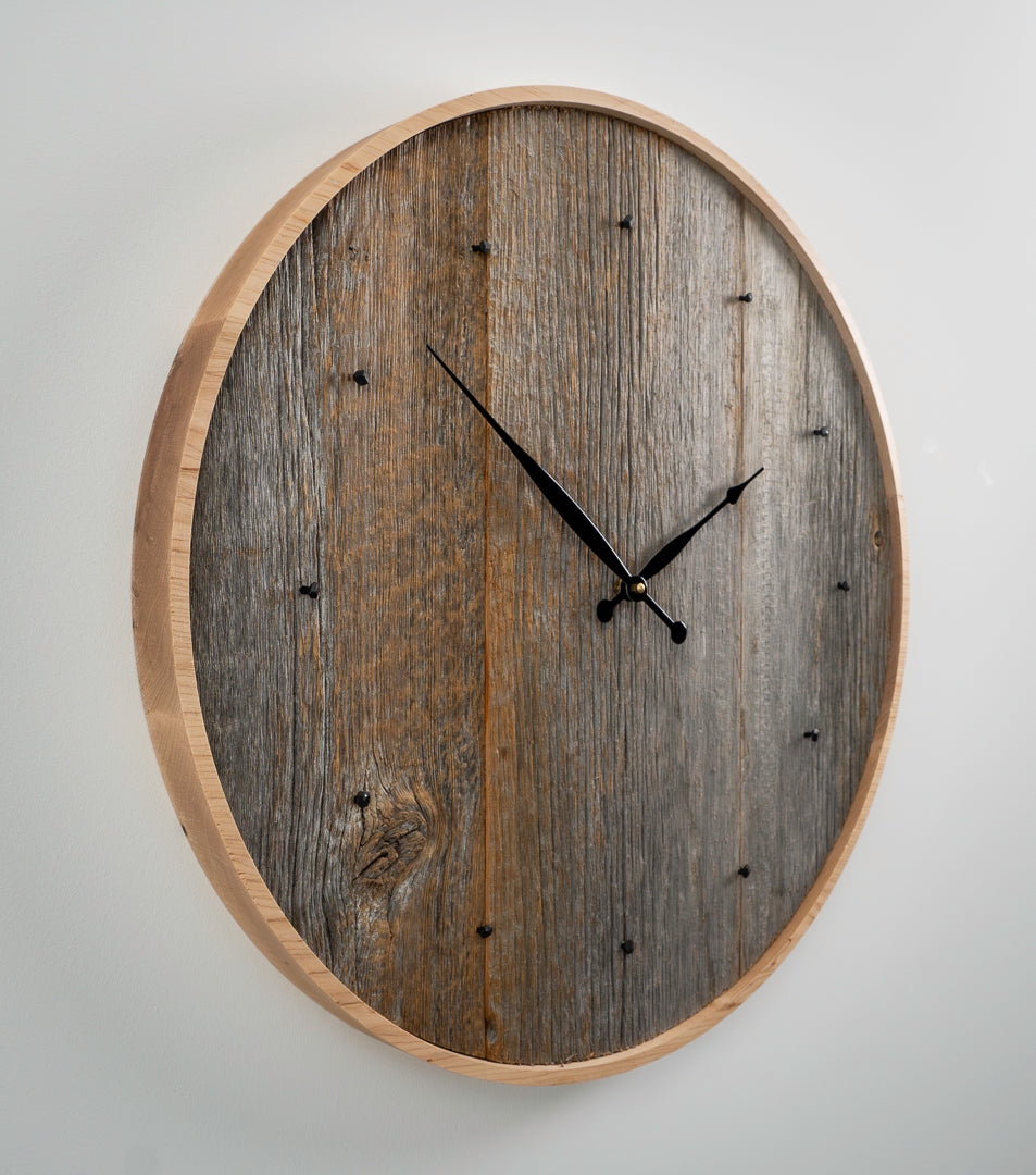 24" Reclaimed Barnboard Wall Clock with Maple Frame – Rustic Minimalist Design