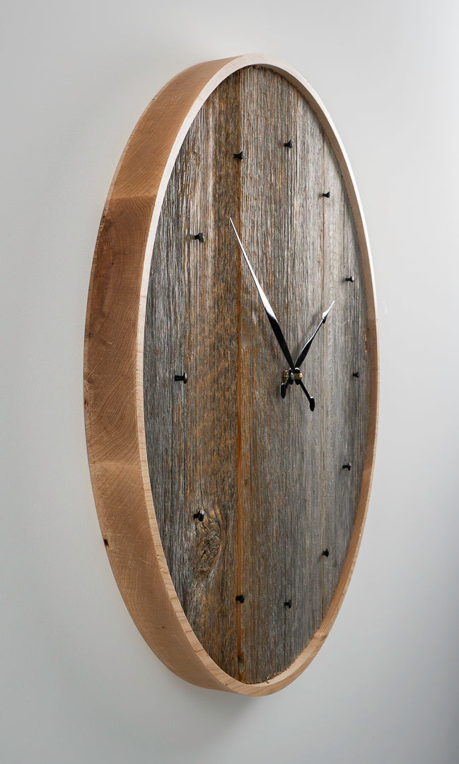 24" Reclaimed Barnboard Wall Clock with Maple Frame – Rustic Minimalist Design