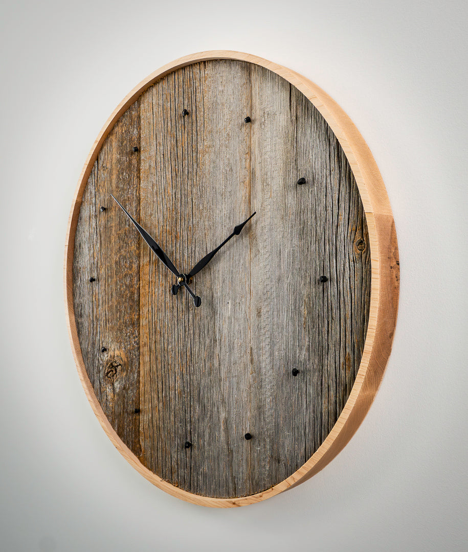 24" Reclaimed Barnboard Wall Clock with Maple Frame – Rustic Minimalist Design