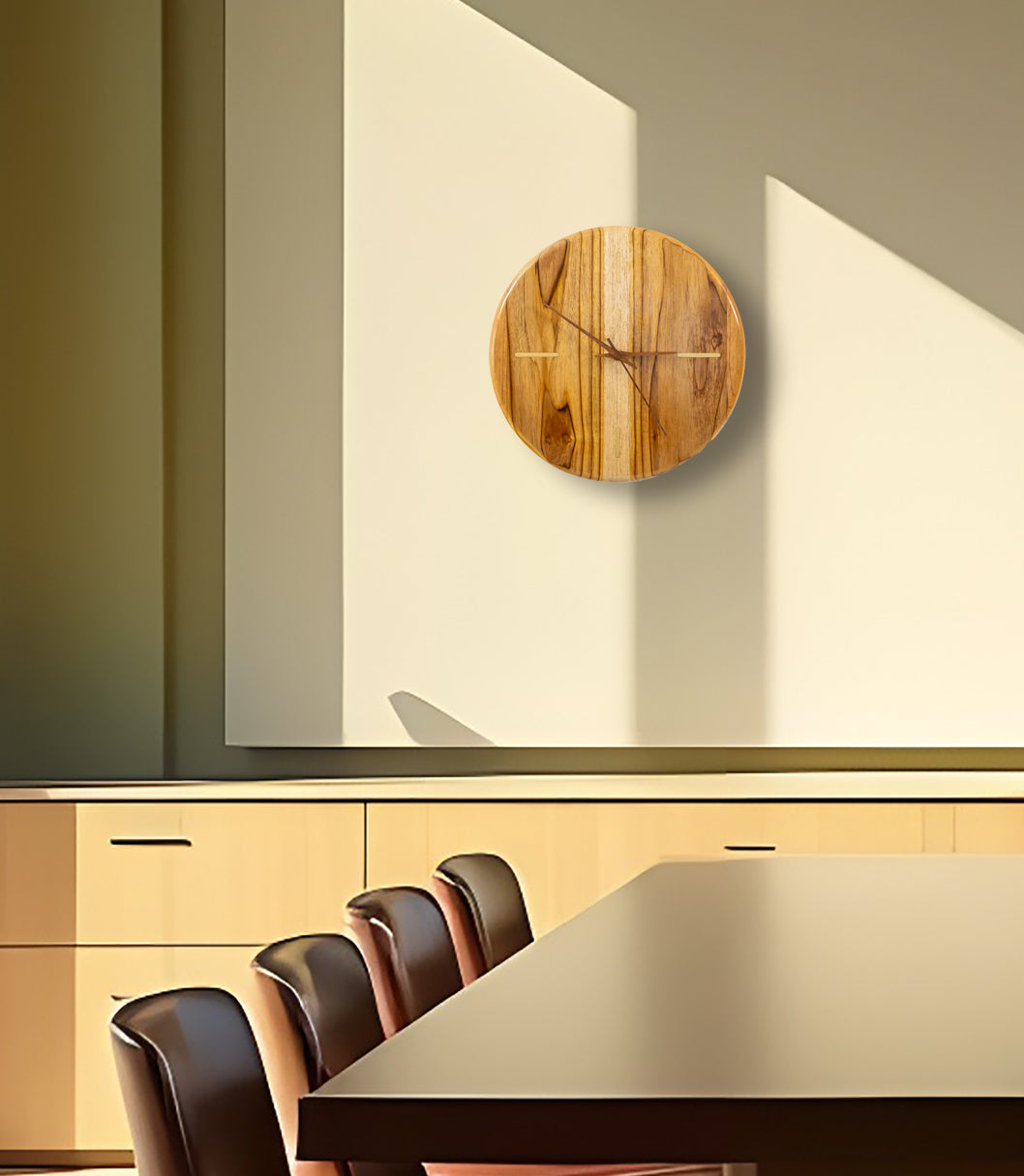 12" Solid Teak Wall Clock with Solid Brass Inlay