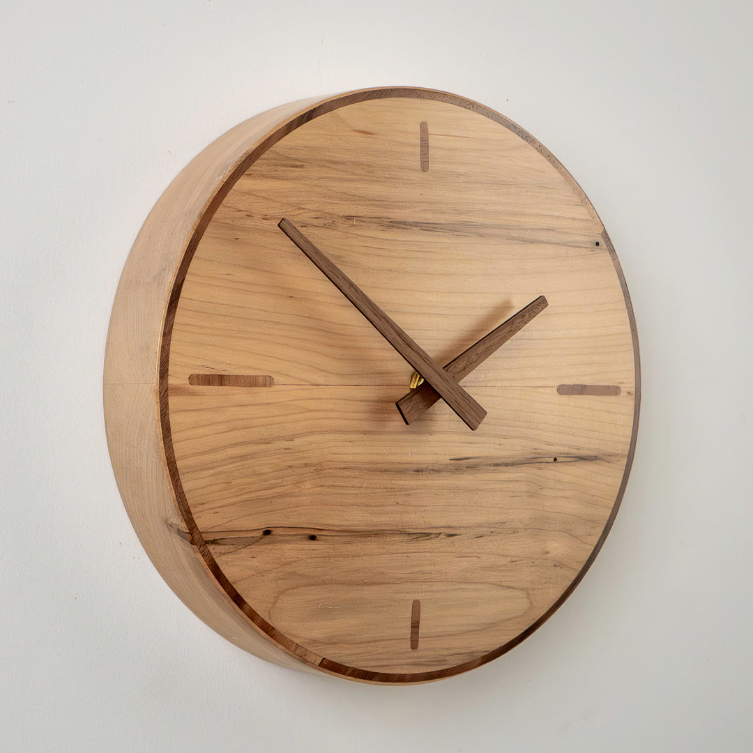 9" Solid Ambrosia Maple Clock with Walnut Inlay