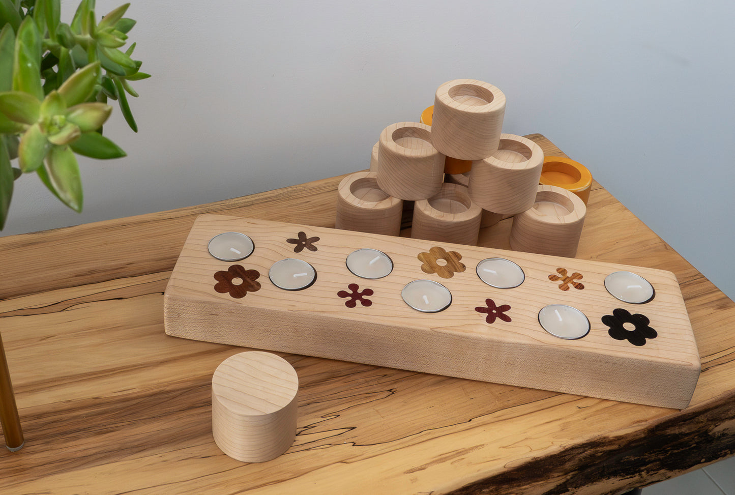 21" Solid Maple Tea Light Holder with Exotic Wood Floral Inlays – Holds 7 Candles