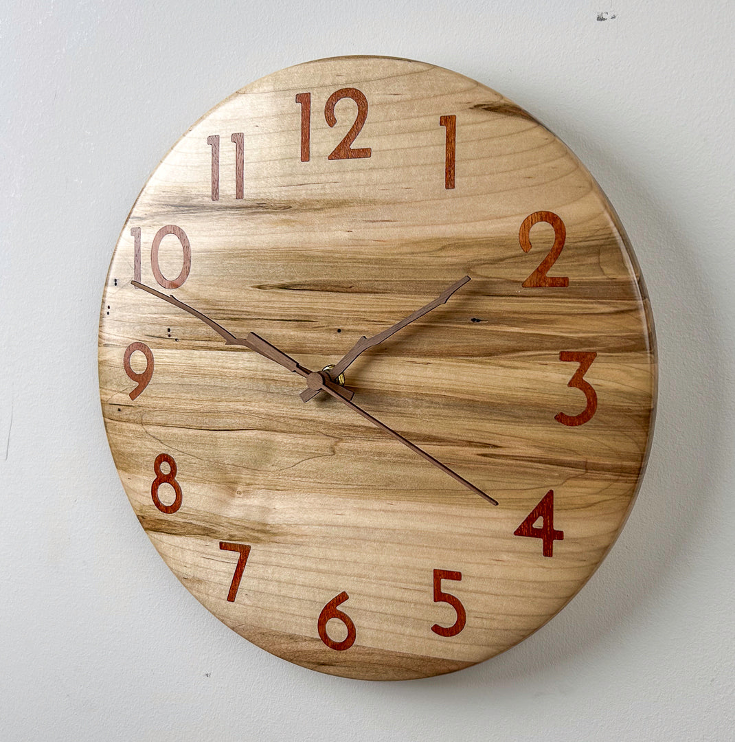 12" Ambrosia Maple Wall Clock with Inlaid Numerals and Walnut Hands