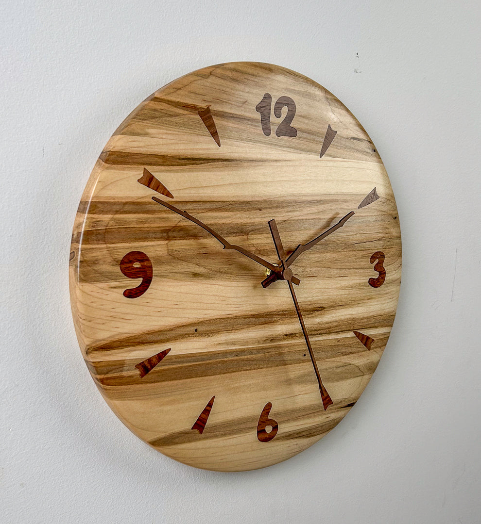 12" Ambrosia Maple Wall Clock with Inlaid Numerals and Walnut Hands