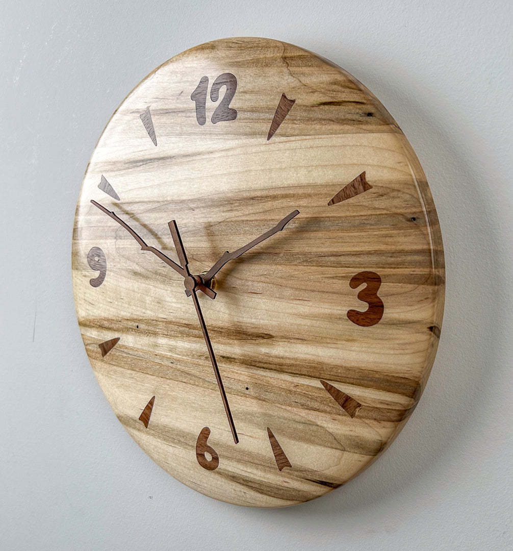 12" Ambrosia Maple Wall Clock with Inlaid Numerals and Walnut Hands