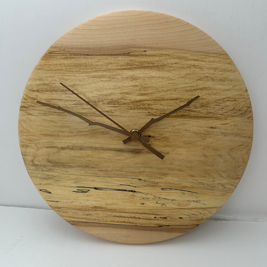12" Minimalist Spalted Maple Wall Clock – Walnut Inlays