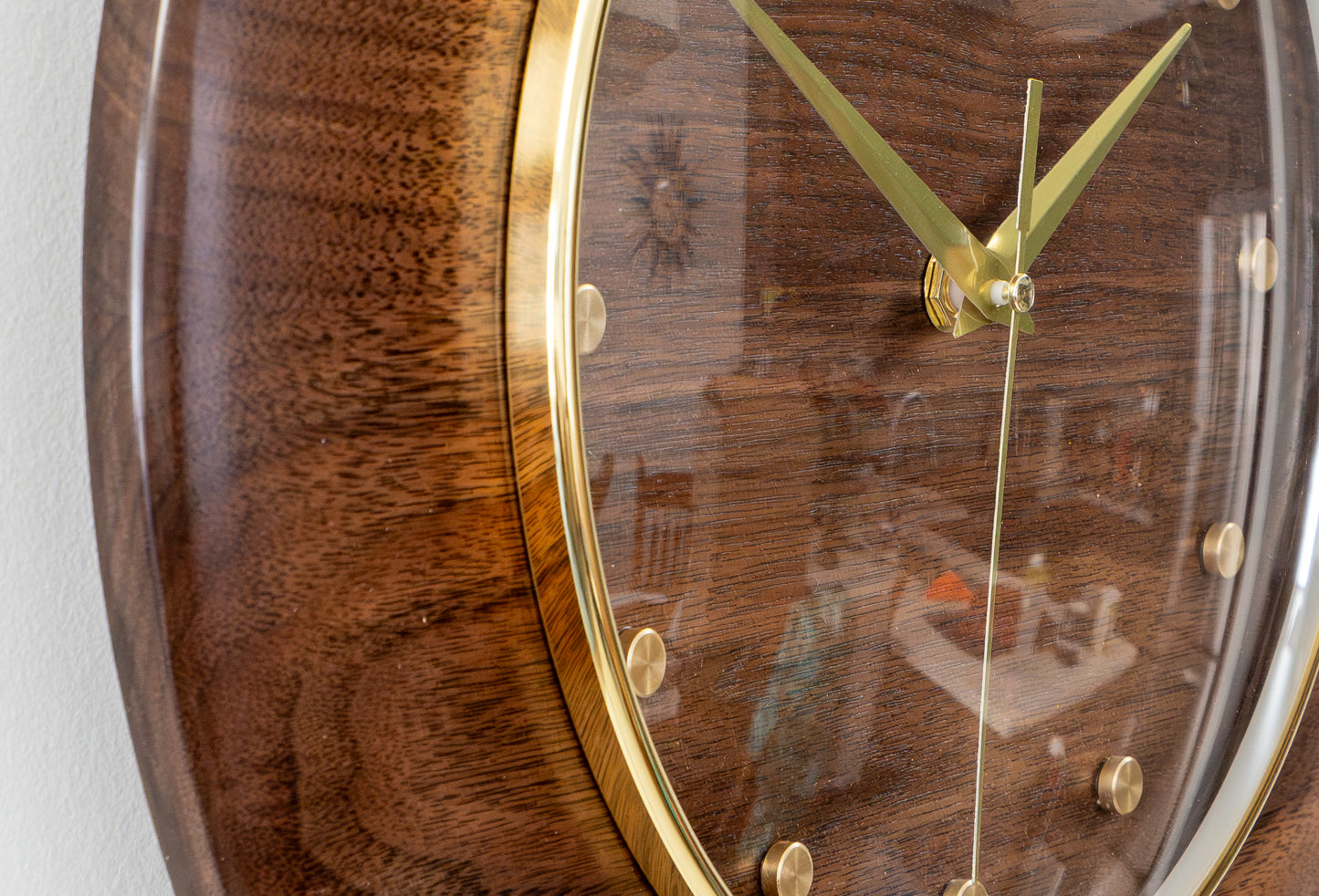 Walnut Brass and Glass 13" Wall Clock