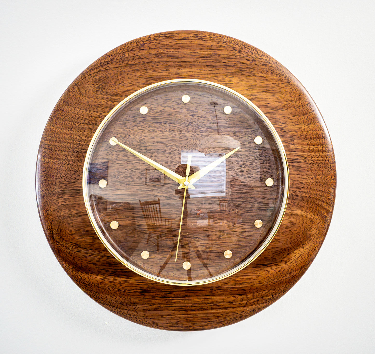 Walnut Brass and Glass 13" Wall Clock
