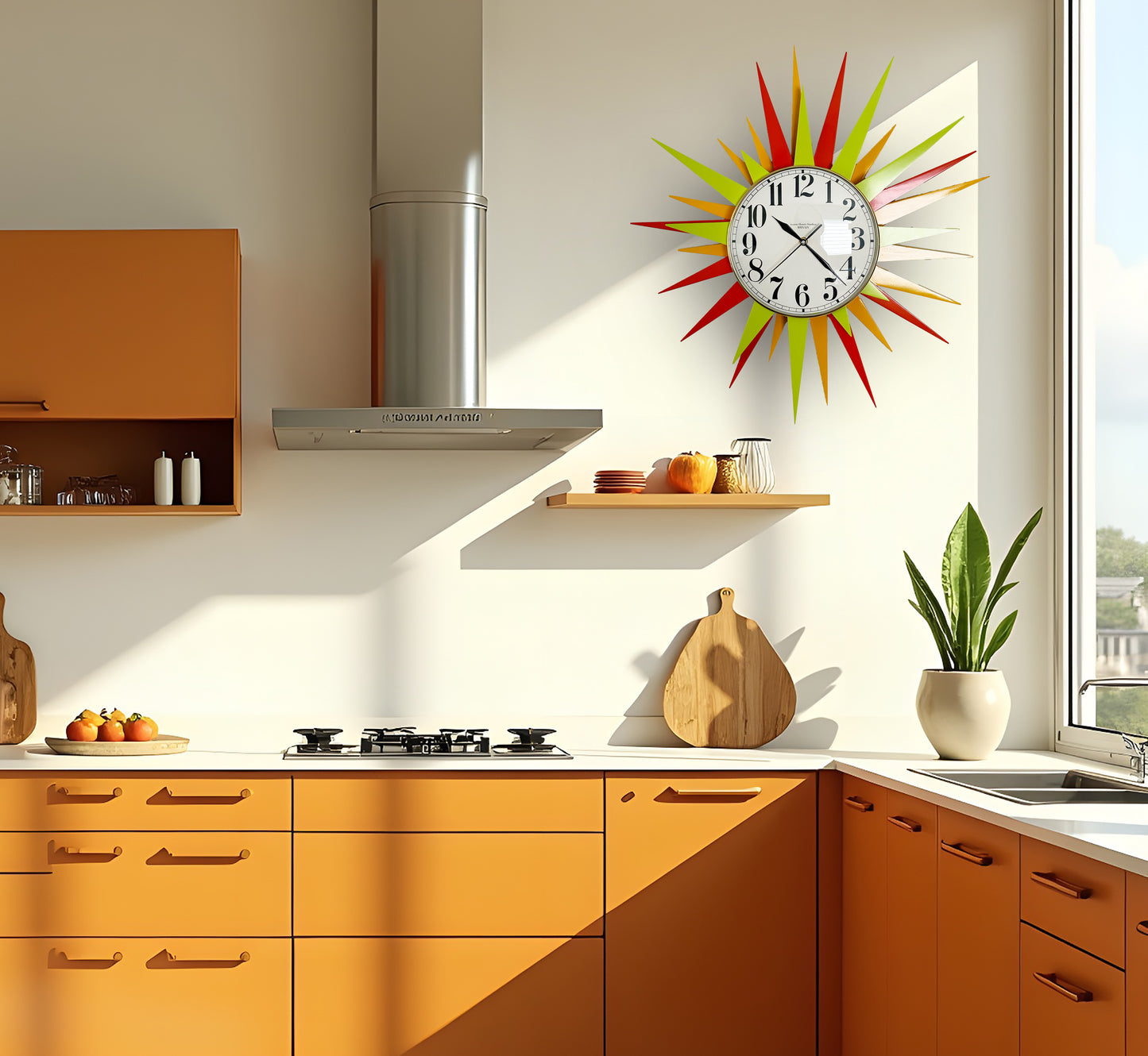 24-Inch Mid-Century Americana Starburst Wall Clock – Citrus Colors, Convex Glass & Brass Bezel