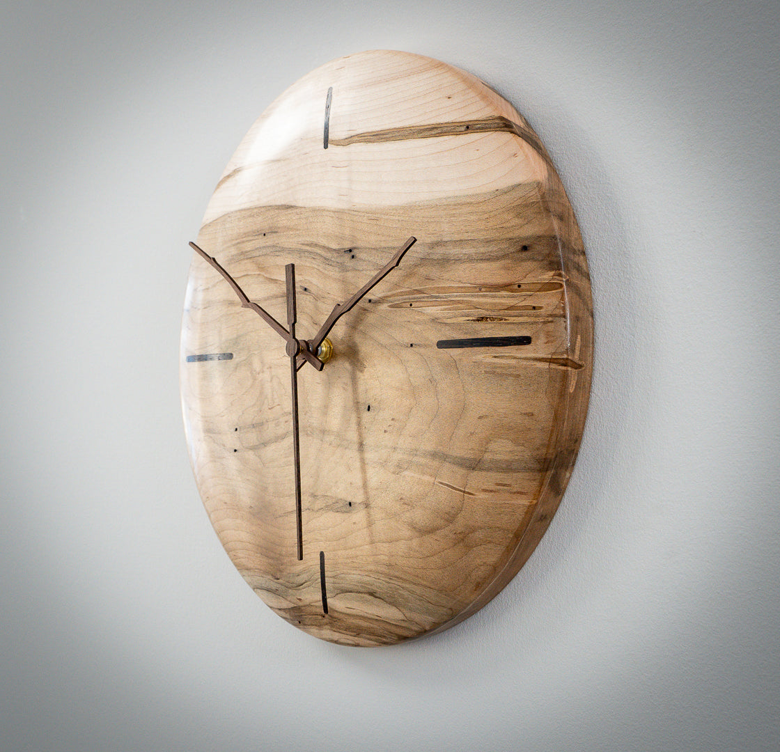12" Ambrosia Maple Minimalist Wall Clock with Walnut Inlays & Hands – Gloss Wax Finish