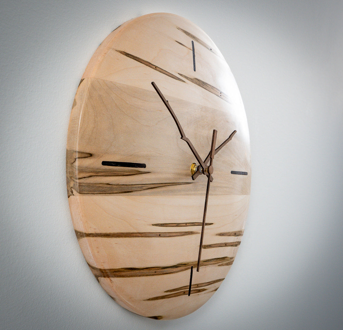 12" Ambrosia Maple Minimalist Wall Clock with Walnut Inlays & Hands – Gloss Wax Finish