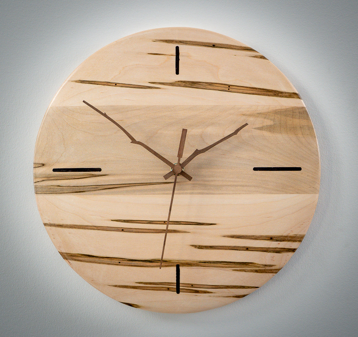 12" Ambrosia Maple Minimalist Wall Clock with Walnut Inlays & Hands – Gloss Wax Finish