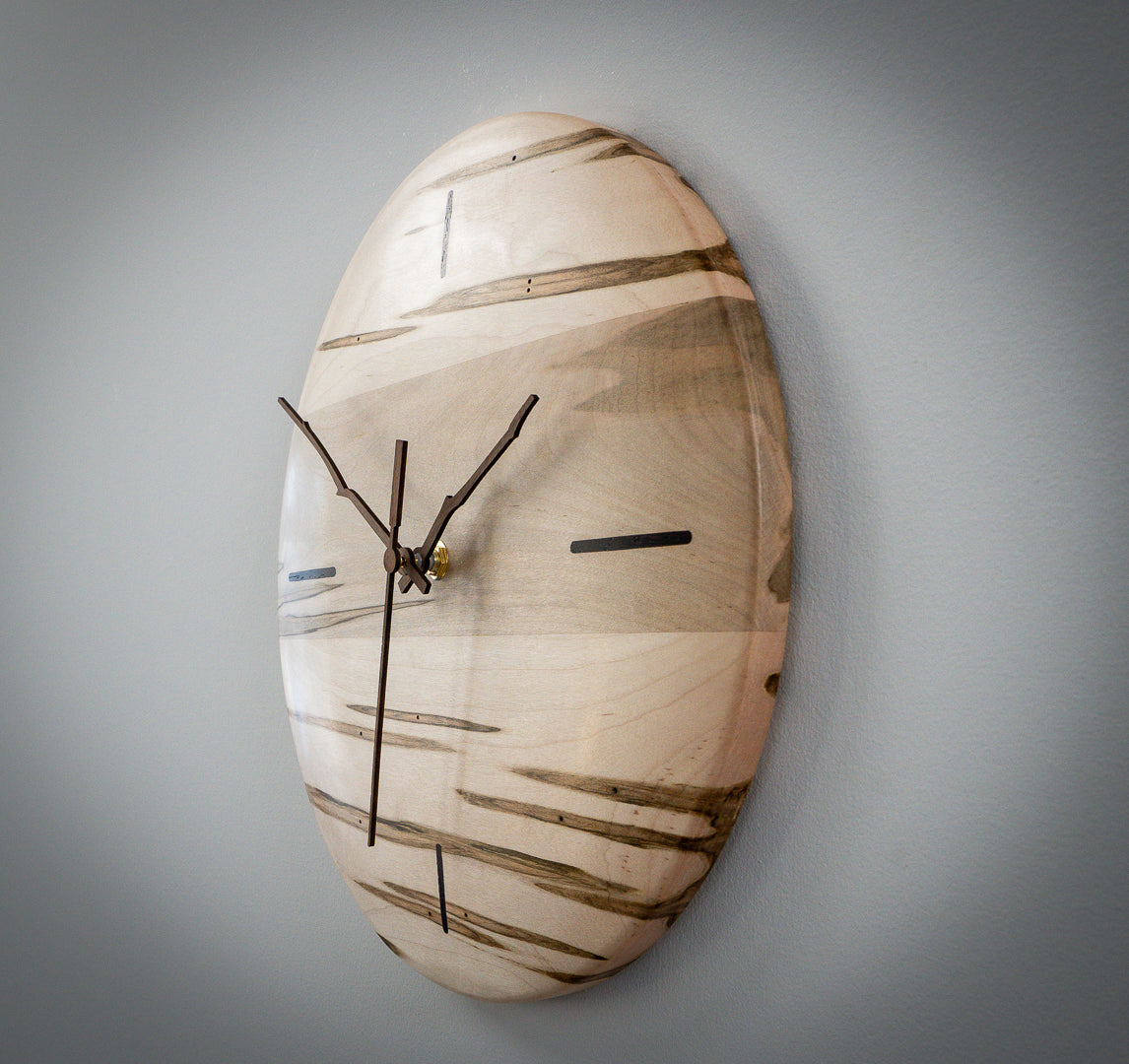 12" Ambrosia Maple Minimalist Wall Clock with Walnut Inlays & Hands – Gloss Wax Finish