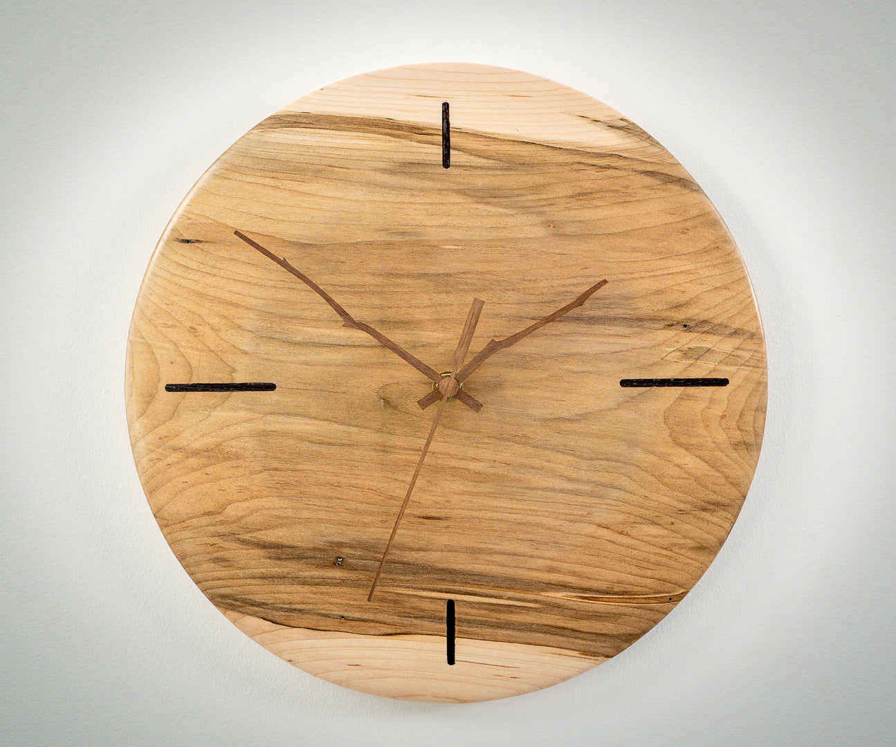 12" Ambrosia Maple Minimalist Wall Clock with Walnut Inlays & Hands – Gloss Wax Finish