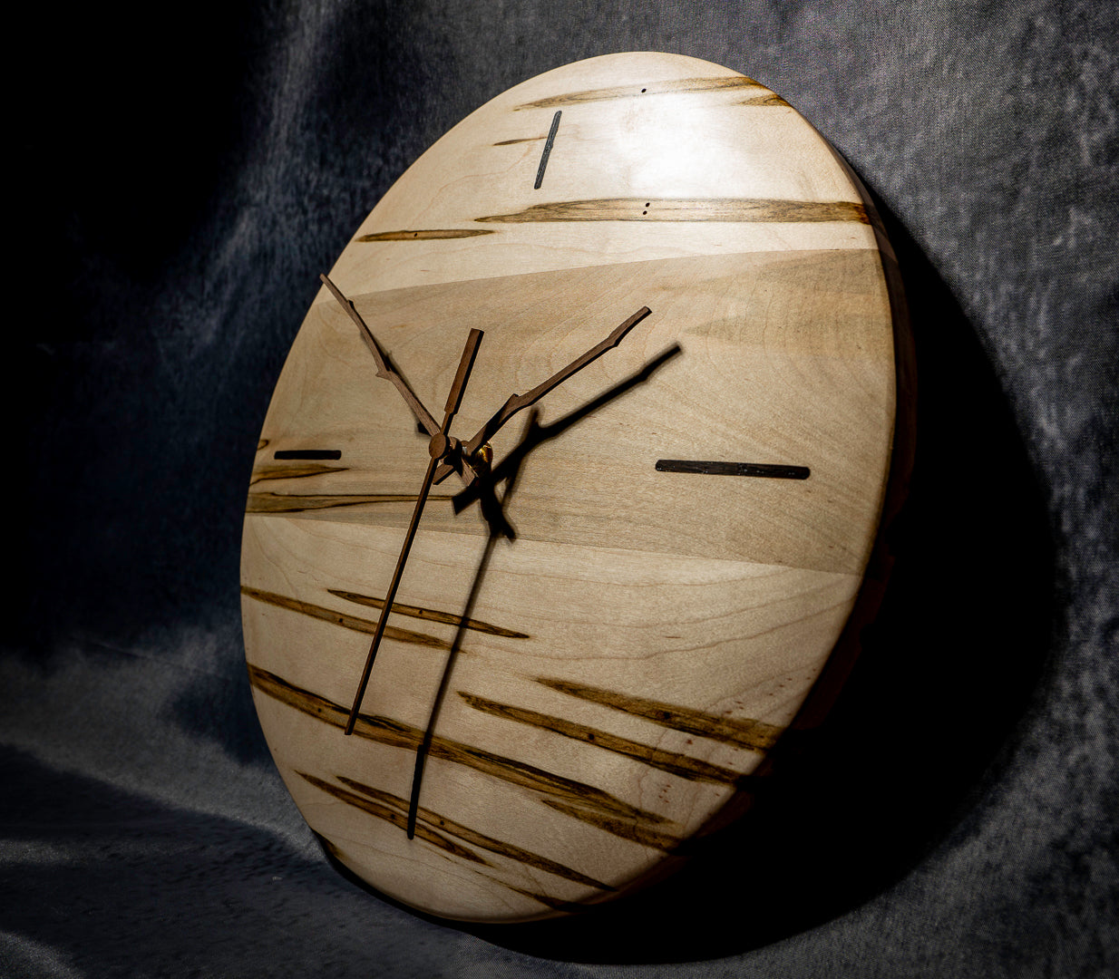 12" Ambrosia Maple Minimalist Wall Clock with Walnut Inlays & Hands – Gloss Wax Finish