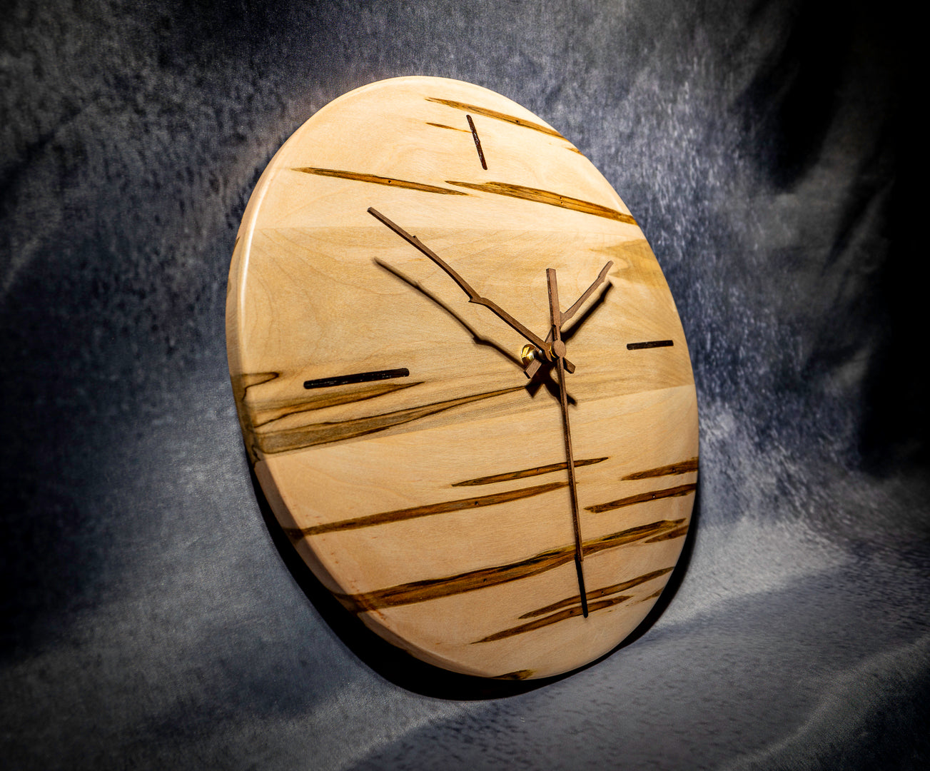 12" Ambrosia Maple Minimalist Wall Clock with Walnut Inlays & Hands – Gloss Wax Finish