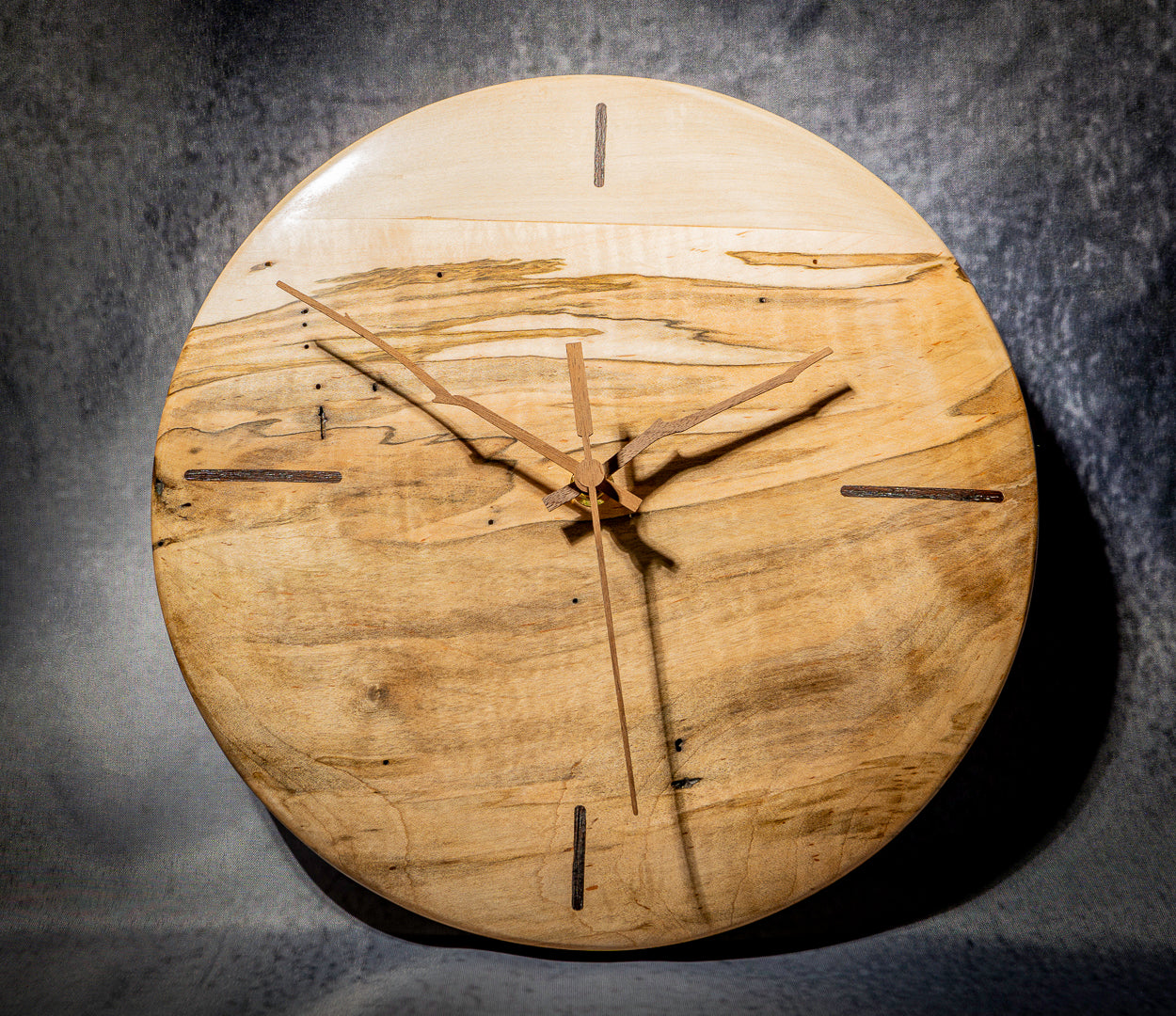 12" Ambrosia Maple Minimalist Wall Clock with Walnut Inlays & Hands – Gloss Wax Finish