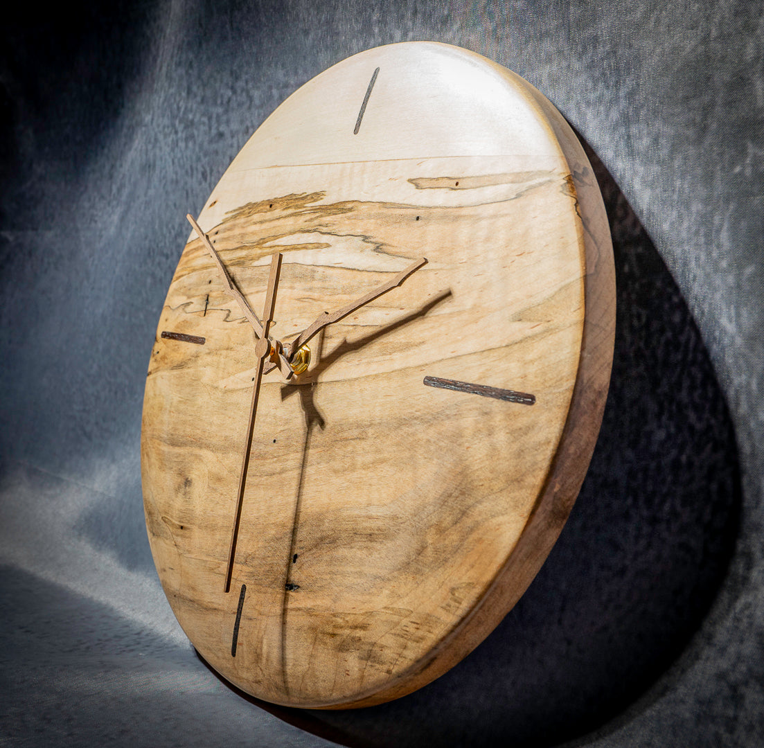 12" Ambrosia Maple Minimalist Wall Clock with Walnut Inlays & Hands – Gloss Wax Finish