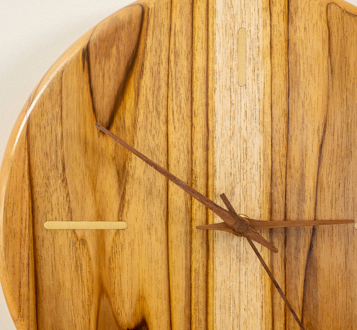 12" Solid Teak Wall Clock with Solid Brass Inlay