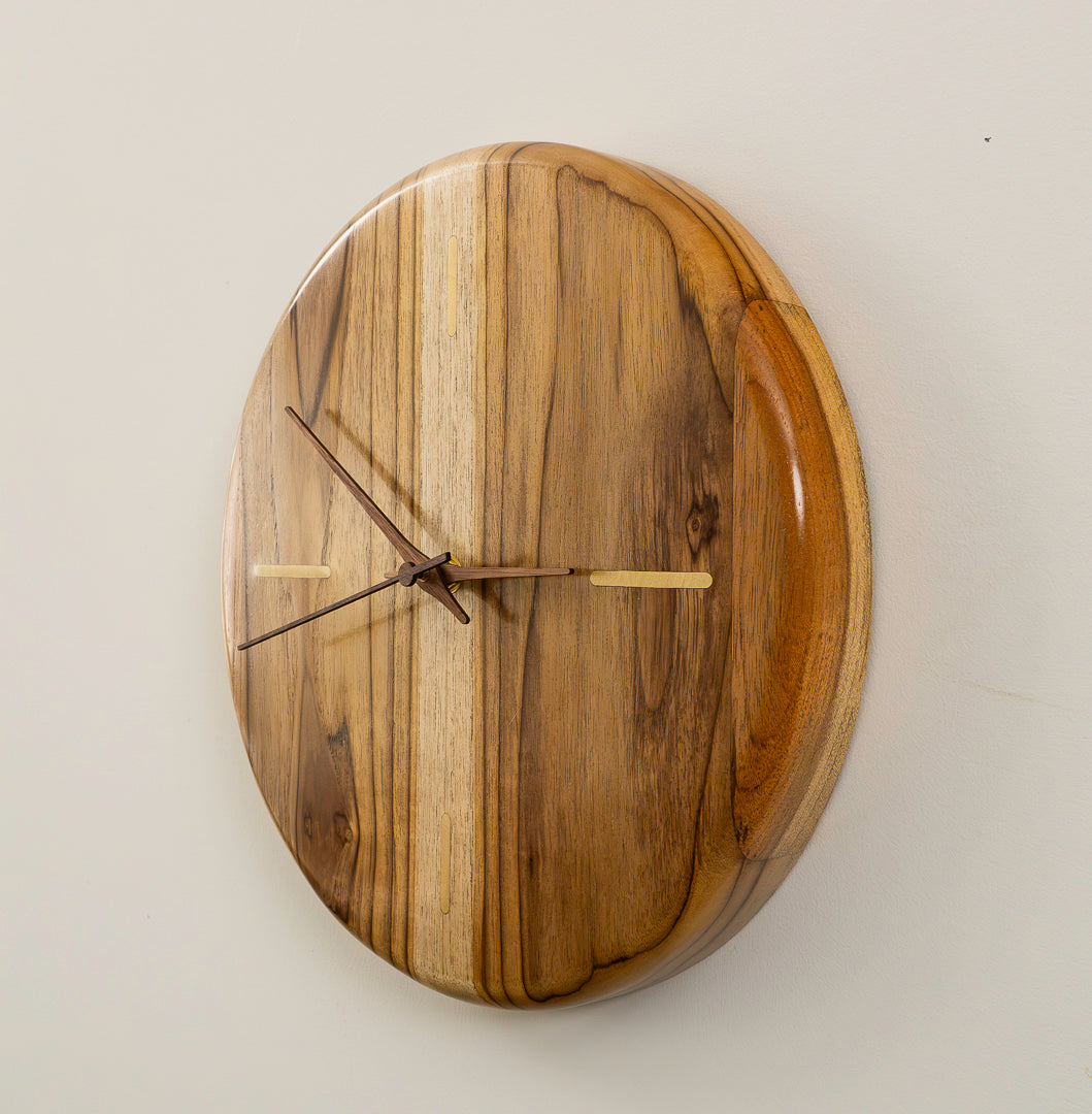 12" Solid Teak Wall Clock with Solid Brass Inlay