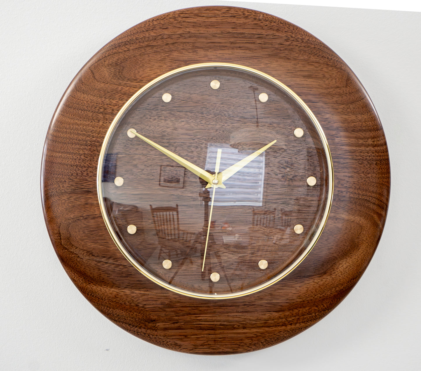 Walnut Brass and Glass 13" Wall Clock