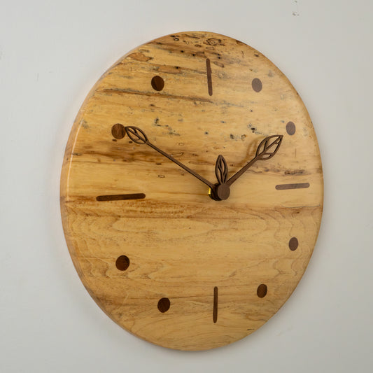 12" Minimalist Spalted Maple Wall Clock – Walnut Inlays