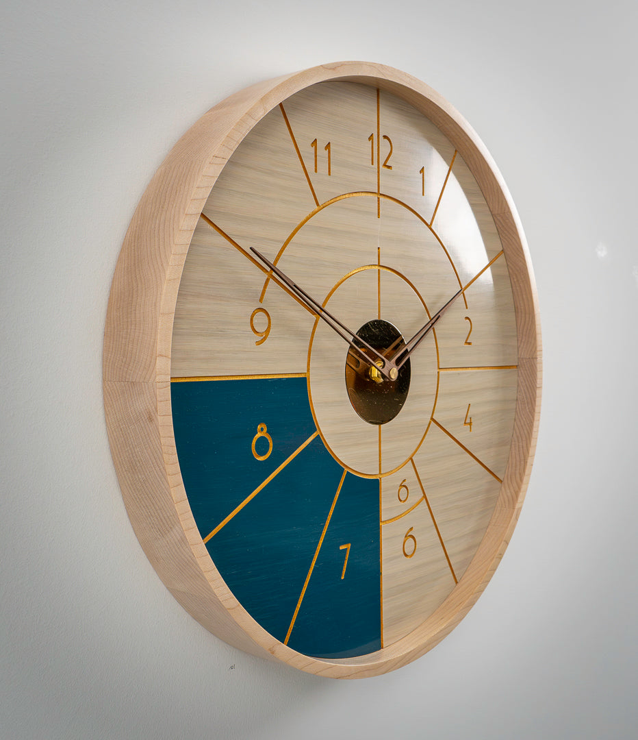 15" Art Deco Wall Clock – White & Blue Stained Oak with Brass & Gold Accents