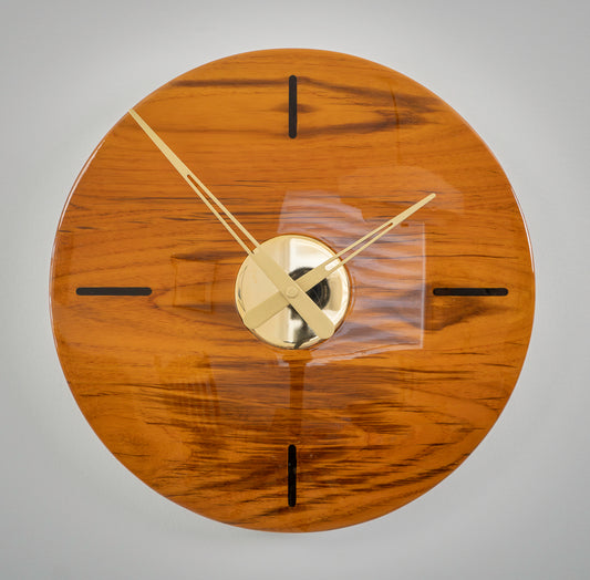 16" Solid Teak Wall Clock with Walnut Hour Inlays & Polished Brass Center – High Gloss Finish