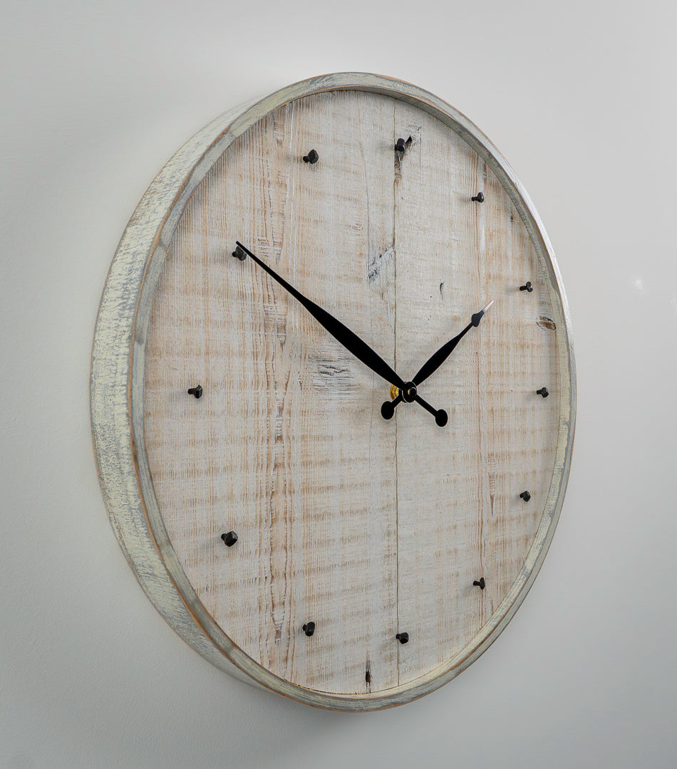 16" Reclaimed White Barnboard Wall Clock with Distressed Maple Frame & Antique Nail Hour Markers