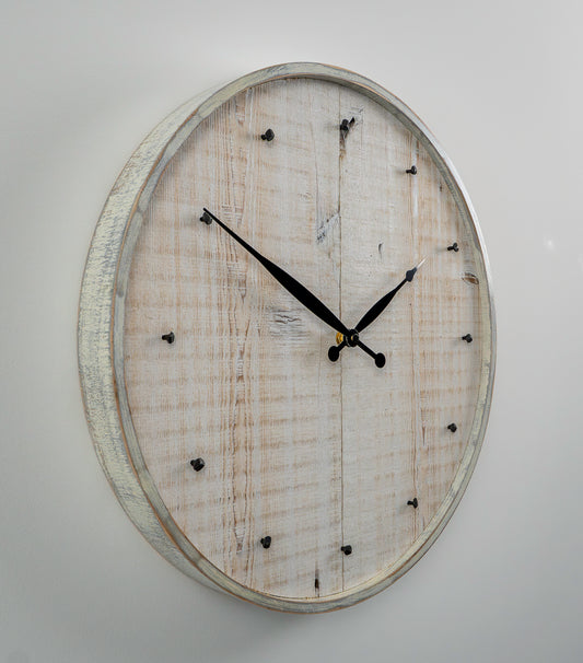 16" Reclaimed White Barnboard Wall Clock with Distressed Maple Frame & Antique Nail Hour Markers