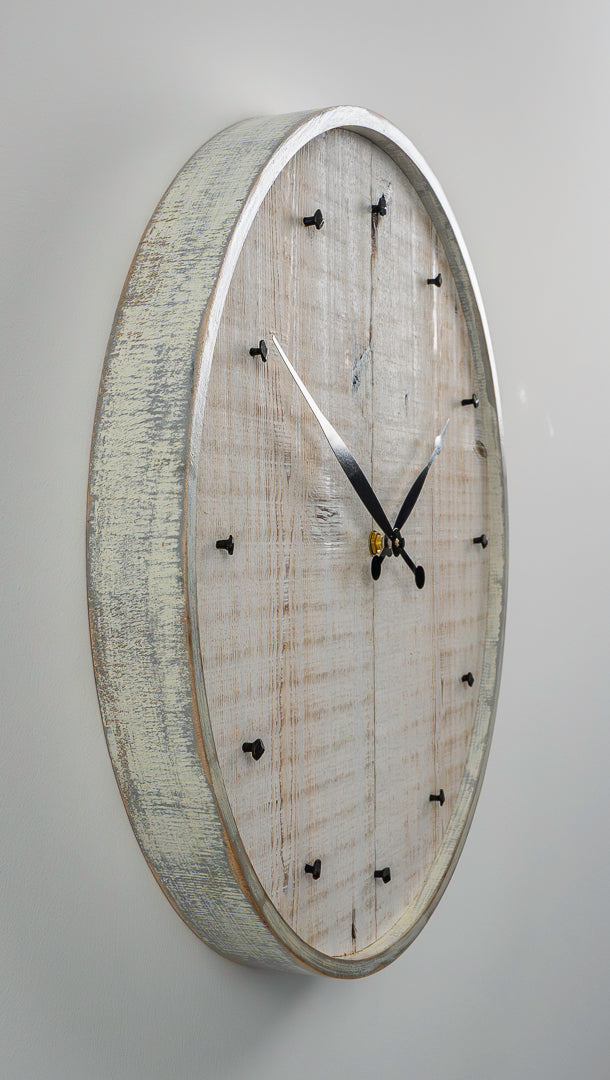 16" Reclaimed White Barnboard Wall Clock with Distressed Maple Frame & Antique Nail Hour Markers